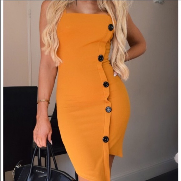 Mustard Button Down Bodycon Dress - Picture 3 of 5